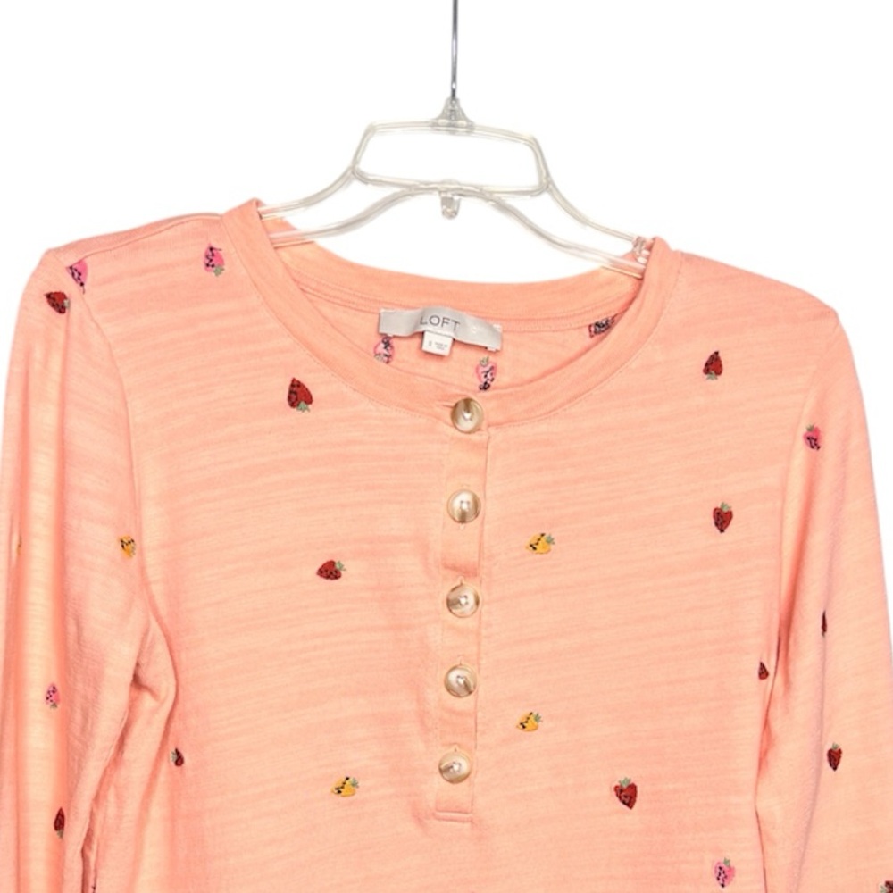 LOFT Women’s Embroidered Strawberry Henley Long Sleeves Lightweight Sweatshirt - Picture 4 of 7